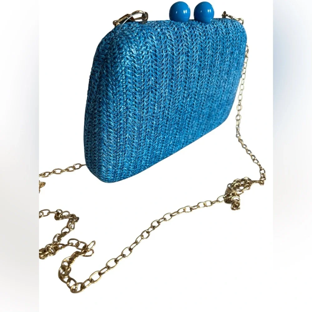 Blue Rafia/Straw yarn Woven Hardshell Clutch with Gold Chain & ball clasp lock
